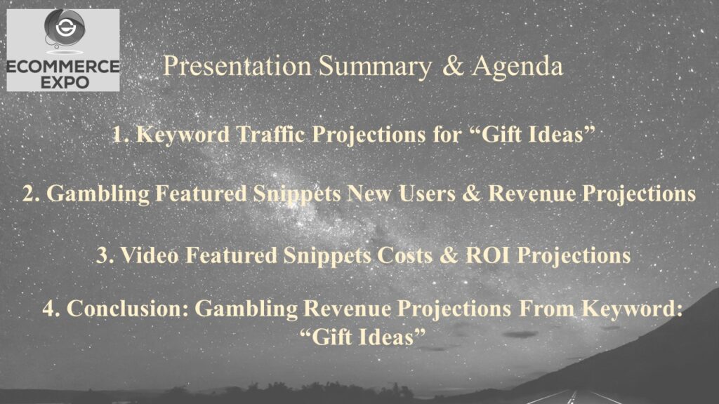 This presentation is split in to 4 sections: Keyword analytics for one single keyword. Unique users and revenue projections. Video costs, revenue and ROI projections. Concluding with the overall digital marketing revenue projections for a single targeted keyword. 